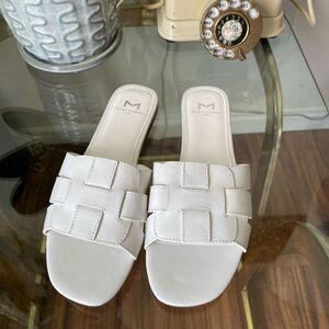 Kayli White Leather Woven Slide Sandals